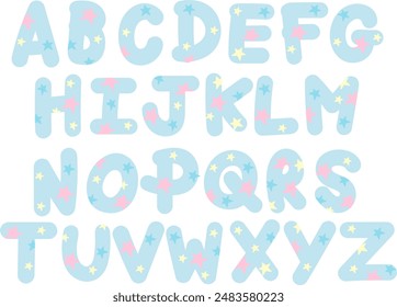 Pastel blue, A-Z alphabet design with star pattern for font, typography, letter, calligraphy, text, message, campaign badge, logo, icon, initials, shirt print, cute patches, pet names, brooch, sticker