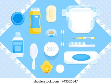 Pastel Blue Baby Items. Sweet Bath Baby Accessories On Blue Background. Baby Care Supplies. Vector Illustration.