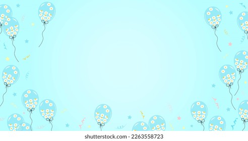 Pastel blue background with balloons full of daisies and confetti. Template for advertising, web, party, holiday, birthday, promotion, card, poster, invitation and space for your text.