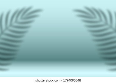 Pastel blue background for product presentation with palm leaves shadows.