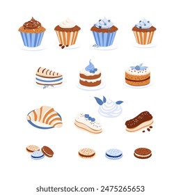 Pastellblaue und beige Desserts mit Croissant, Makron, Ceclair, Cupcake, Keks, Schokolade. Flache Vektorillustration