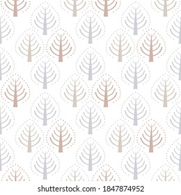 Pastel blue brown trees folk art seamless vector pattern background. Painterly Scandinavian forest plants on white backdrop. Hand drawn stylized geometric damask effect all over print for self-care