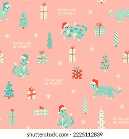 Pastel blue cats, gift boxes, Christmas trees on pink background. Holiday wishes, fir trees and wrapped gifts seamless pattern. Gifting season parcels, cats in santa hats, winter woodland design.