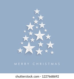 Pastel blue christmas tree vector design with origami star shapes and merry christmas text. 