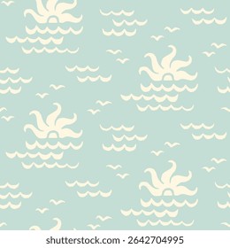 Pastel blue coastal surf design. Sea sunset, seagulls and waves seamless marine pattern. Vintage summer holiday cut out collage print. Hand drawn relaxed nautical retro groovy summer pattern.