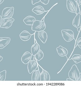 Pastel blue color seamless pattern with hand drawn eucalyptus plant