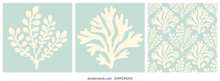 Pastel blue coral reef and seaweed prints and seamless sea life pattern with speckled texture. Underwater life, coral pastel blue and cream vintage summer holiday hand drawn print set and background.