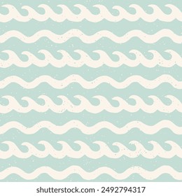 Pastel blue and cream block print waves pattern. Graphic wave shapes seamless pattern. Vintage coastal summer surf aesthetic cut out collage background. Groovy wave cutouts sea holiday design.