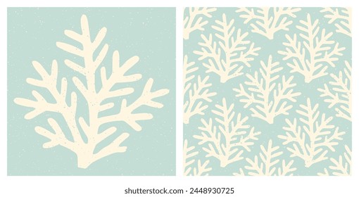 Pastel blue and cream vintage coral print. Underwater sea life coral reef seamless pattern. Summer holiday vintage textured coastal nautical background and an isolated coral print.