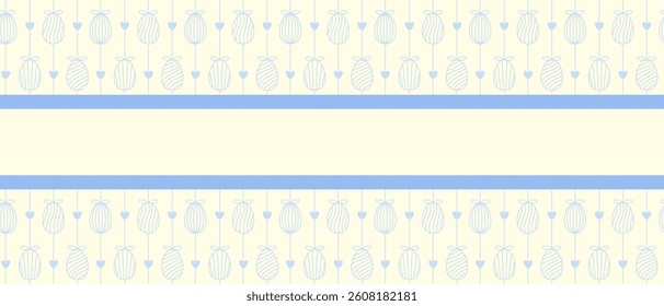 Pastel blue Easter banner with seamless egg pattern and hearts. Soft and minimal holiday design for greeting cards, web headers, invitations, and seasonal packaging