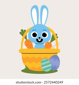 Pastel blue Easter bunny child character smiling inside yellow basket with some carrots next to it and Easter eggs on grass and light background.