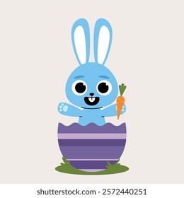 Pastel blue Easter bunny child character smiling with a carrot in hand inside a purple Easter egg on grass and light background.