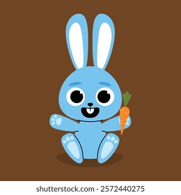 Pastel blue easter bunny child character smiling with a carrot in hand on a brown background.