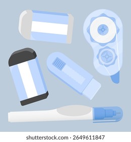Pastel blue erasing tools collection including correction tapes, pens, and erasers. Soft vector with subtle light.