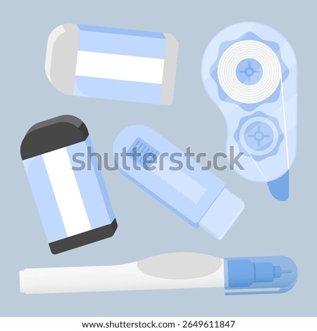 Pastel blue erasing tools collection including correction tapes, pens, and erasers. Soft vector with subtle light.
