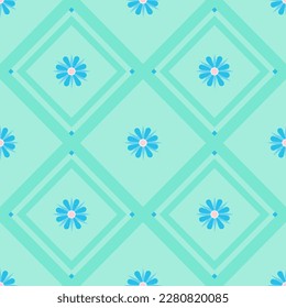 Pastel blue Flower center
Mint cute in square seamless
pattern. Design for Kitchenware, Dish
Glass, Kettlę, Bowl, Apron, Bottle,
Plate, Cup, Jar. Tile Interior. Vector.