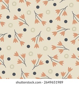 Pastel blue flowers seamless pattern. Floral vector surface design of whimsical flowers, polka dots and spirals. Allover print summertime flowery texture on beige color background. 