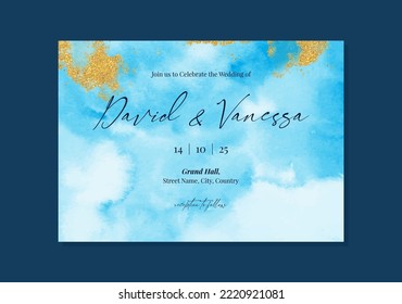 Pastel blue and gold wedding card template with watercolor texture