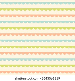 Pastel blue, green, pink, cream cut out wavy border pattern. Hand drawn wave shapes seamless stripe pattern, wave ribbons birthday garland background. Vintage pastel summer sea background.