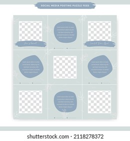 pastel blue instagram social media background posting puzzle feed template in 3x3 size aesthetic with rustic flower floral leaf decoration