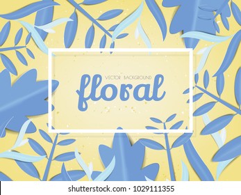 Pastel blue leaves flat lay on yellow background, paper art/paper cutting style