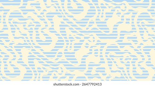 Um pastel azul e amarelo claro padrão abstrato mostra linhas horizontais e girando formas orgânicas, criando um visual lúdico, mas calmante ideal para um elemento de design moderno e elegante