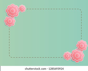 Pastel blue or lite green background decorated with pink blooming flower design from paper cut art vector and brown dash line frame with copy space for fill text. Sweet and cute  love theme wallpaper.