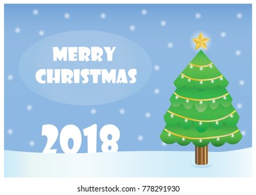 
Pastel Blue Merry Christmas 2018 card with Christmas tree decorated by mini white led light line.