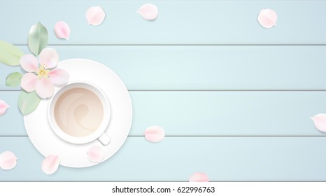 Pastel blue morning background. Coffee cup and rose flower petals on wooden table top view. Soft color romantic vector illustration design.