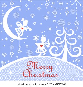 Pastel blue naive childish Xmas greeting card with paper cutting little angels, tree, hanging decoration and Christmas star