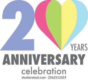 The pastel blue number 20 with  many color heart and the word years anniversary celebration are at the bottom.