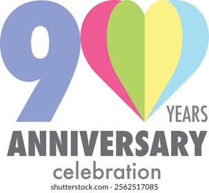 The pastel blue number 90 with  many color heart and the word years anniversary celebration are at the bottom.