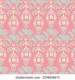 Pastel blue and peach color digital ikat pattern for fabrics - traditional Uzbek ornament for silk fabrics. Textile product. Uzbekistan culture. 