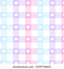 Pastel Blue Pink and Purple color Gingham seamless pattern with hearts