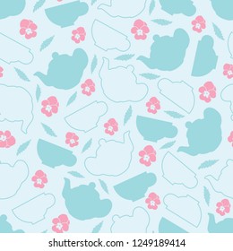 Pastel blue and pink with Teapot, cups, flowers and leaves vector seamless Pattern on light blue background.