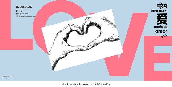 A pastel blue and pink Valentine's Day poster featuring sketched hands in a heart shape and "LOVE" in multiple languages for a heartfelt design.