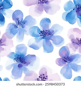 Pastel blue and purple floral pattern on a white background, watercolor flower seamless pattern. Watercolor print in rustic vintage style, textile or wallpaper.