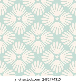 Pastel blue sea shells block print seamless pattern with speckled texture. Diagonal tile pattern with seashells and stars in light blue and cream. Vintage summer holiday textured background.