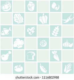 Pastel blue seamless background of food and ingredients pattern theme. Freehand drawing in cute style. Vector illustration. 