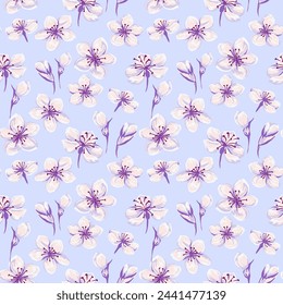 Pastel blue seamless pattern with artistic abstract flowers and buds. Vector hand drawn. Floral ornament. Blossom spring wild meadow light printing. Template for designs, fabric, textiles