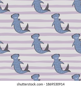 Pastel blue seamless pattern with blue hammerhead sharks. Light pastel purple striped background. Decorative backdrop for fabric design, textile print, wrapping, cover. Vector illustration.