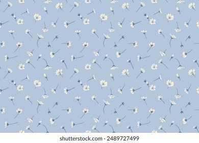 Pastel blue seamless pattern with tiny flowers and small buds. Abstract artistic floral minimalist print. Vector hand drawing sketch. Design for fashion, fabric, wallpaper, textiles,.