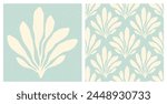 Pastel blue seaweed cut out print and seamless pattern with speckled texture. Underwater sea life pastel blue and cream vintage summer holiday hand drawn coastal print set and background.
