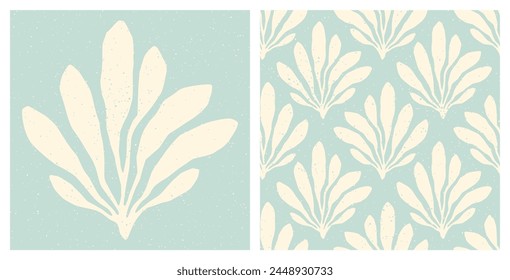 Pastel blue seaweed cut out print and seamless pattern with speckled texture. Underwater sea life pastel blue and cream vintage summer holiday hand drawn coastal print set and background.