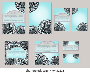Pastel blue set of brochures, invitations and business cards. Nice hand-drawn illustration