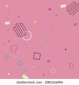 Pastel Blue Simple Hearts Purple Stars Green Background. Rectangle Red Bright Orange Sweet Yellow Oval Hipster Background. Pink Ring Colorful Violet Zigzag Circle Wave Geometry Illustration.