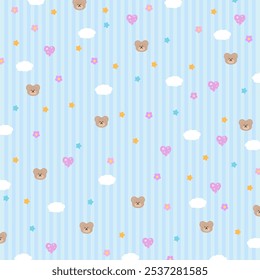 Fondo de la raya azul pastel con el oso de peluche, nube, corazón, estrella, flor para el Fondo de pantalla, telón de fondo, envoltura del regalo, empaquetado, diseño de papel, impresión de la tela, manta del picnic, impresión animal, zoo, ropa del animal doméstico