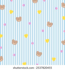 Pastel blue stripe background with teddy bear, heart, flower for wallpaper, backdrop, animal print, fabric, textile, garment, pet clothes, phone case, picnic blanket, zoo, souvenir shop, gift wrap