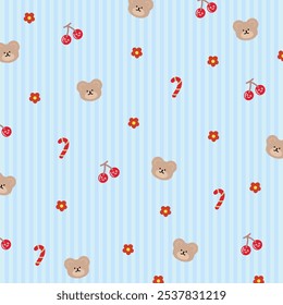 Pastel blue stripe background with teddy bear, cherry, flower, candy for wallpaper, backdrop, animal print, fabric, textile, garment, clothes, phone case, picnic blanket, zoo, souvenir shop, gift wrap