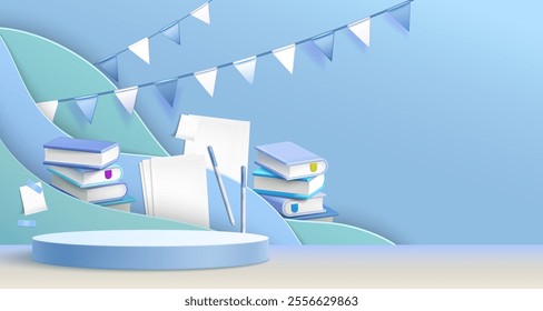 Pastel blue studio background with cylinder product podium, wave shapes on wall, hanging party flags, stack of books and pens, notebook paper sheets and note stickers for Back to School promotion.